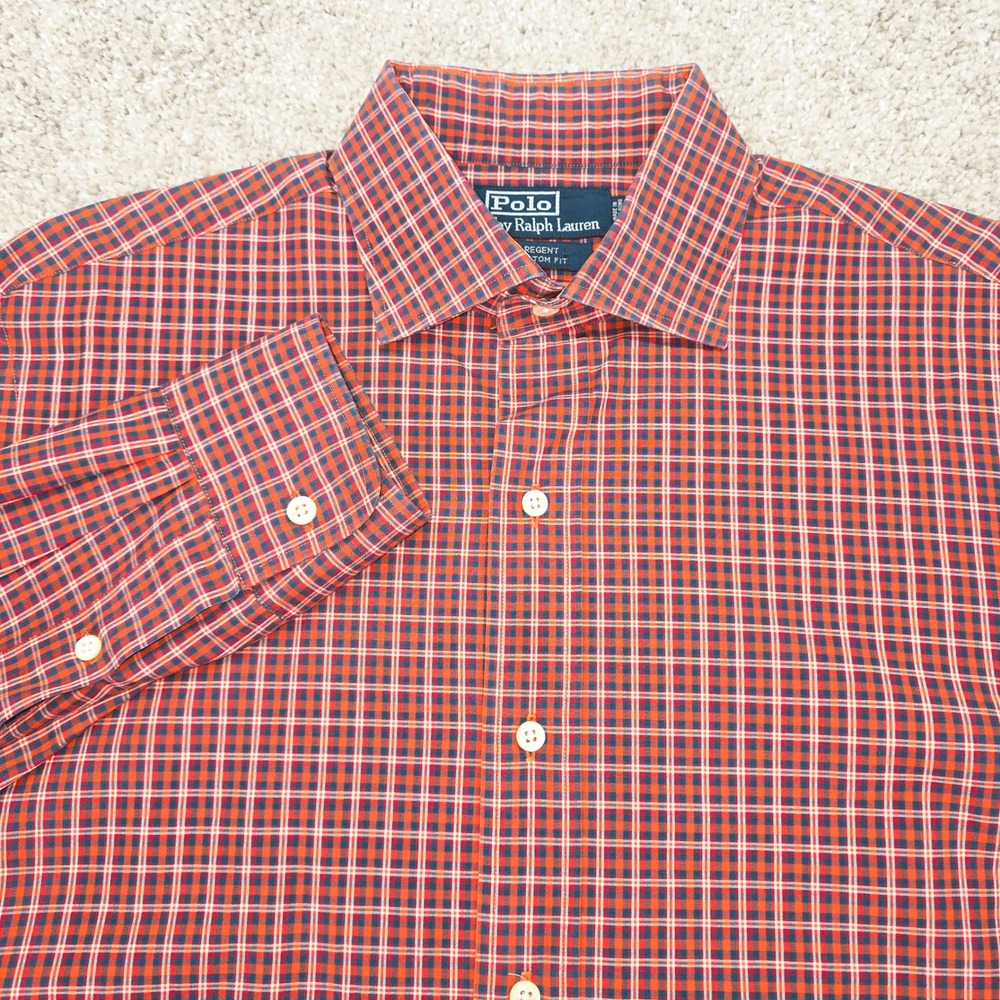 Polo Ralph Lauren Regent Custom Fit Shirt Mens Large Red Blue Plaid Long Sleeve
